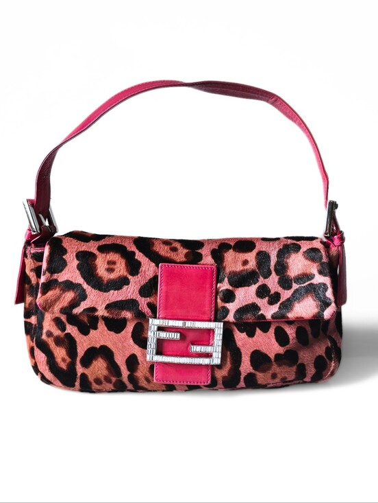 Fendi Handbags - Fendi Baguette Vintage Pink Leopard Pony Hair Crystal Buckle Detail